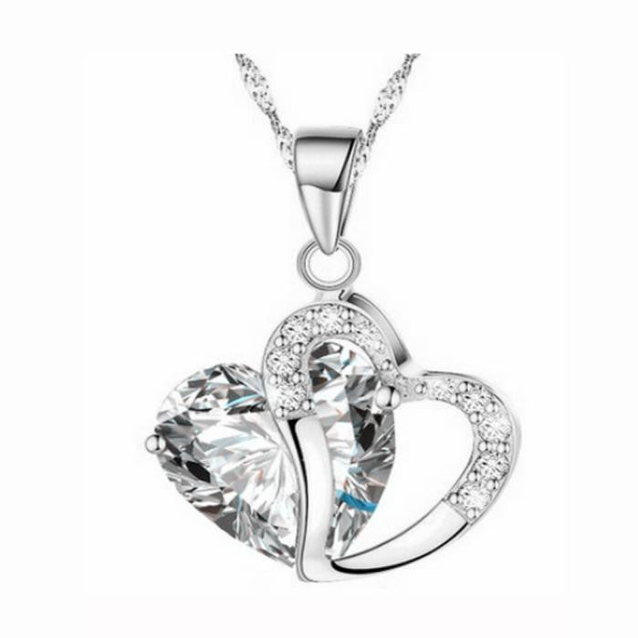 Fashion Women Heart Crystal Rhinestone Silver Chain Pendant Necklace Jewelry