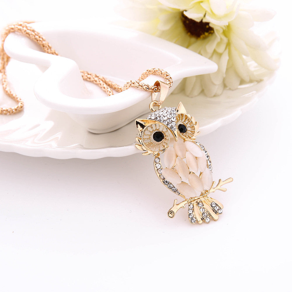 Fashion Women Colorful owl Crystal    Rhinestone Cute Pendant Sweater Necklace