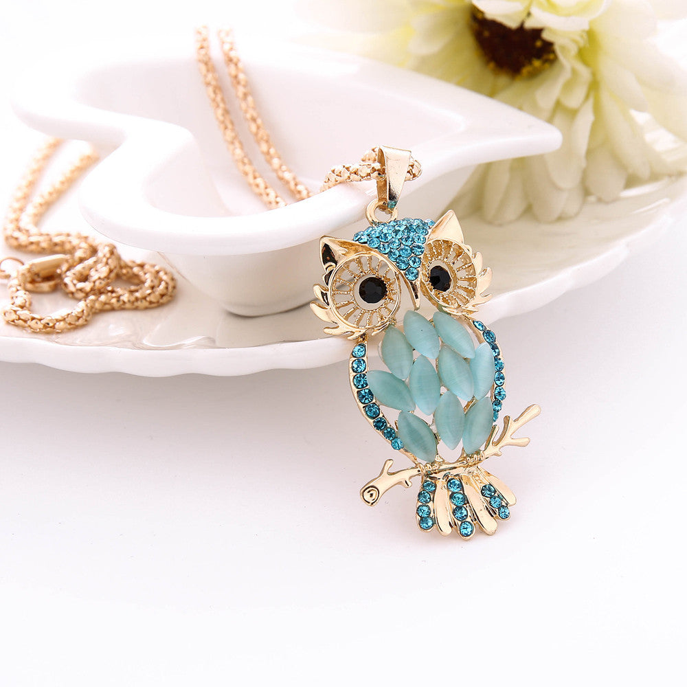 Fashion Women Colorful owl Crystal    Rhinestone Cute Pendant Sweater Necklace