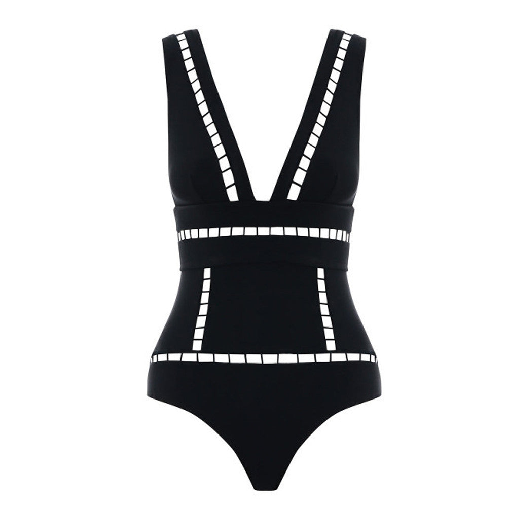 Black Deep V Neck Bodysuit Solid Monokini Hollow Out One Piece Swimsuit Summer Style BeachWear Women Bathing Suit